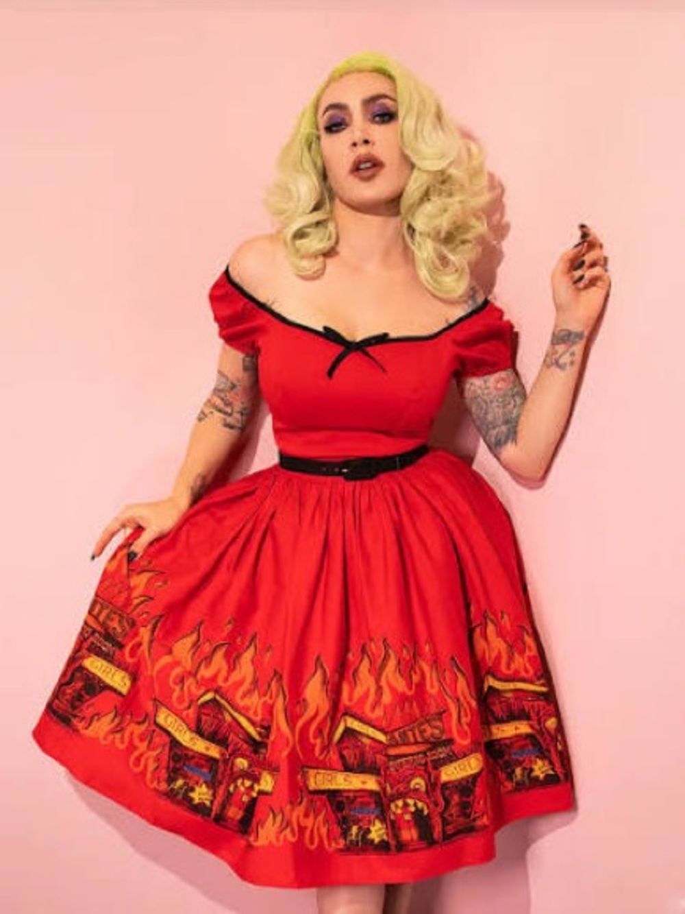 Red Retro Fit-and-Flare Dress with Flame Print